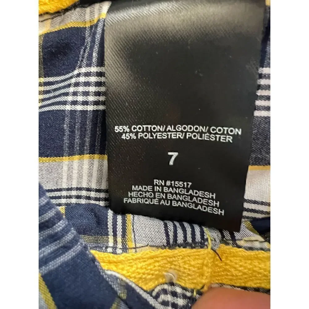 NWT! Mick Mack Dark Blue White Yellow Plaid Short Sleeve Button Down Size 7